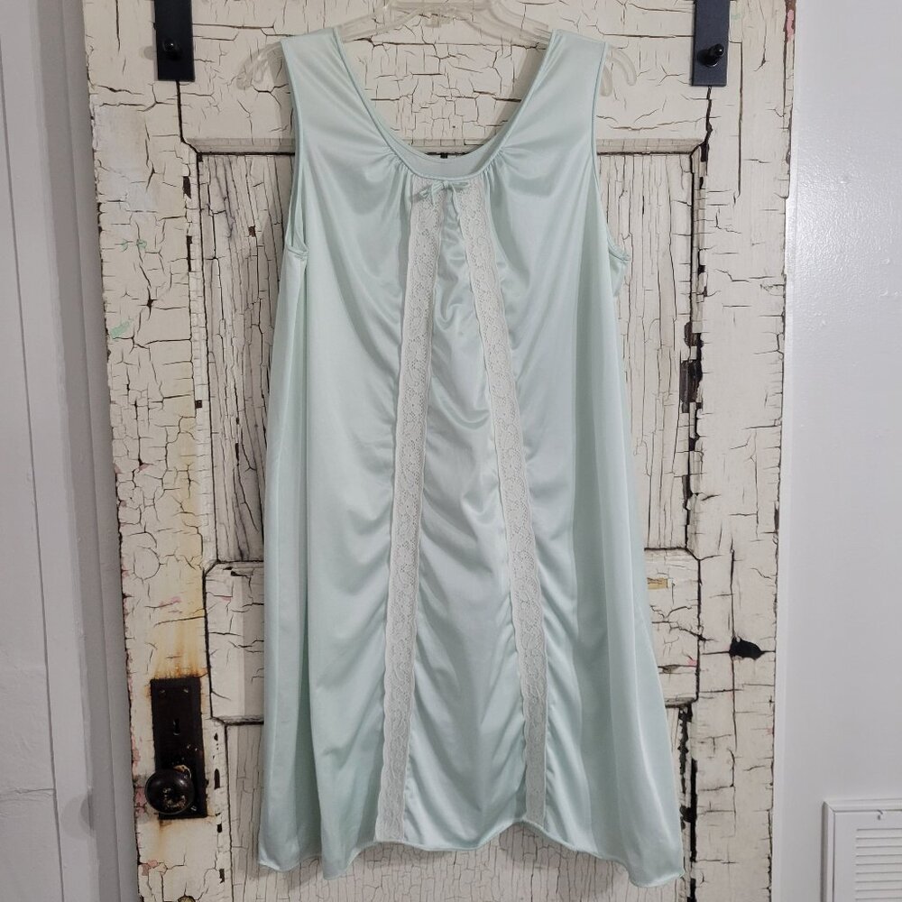 Vtg Lorraine Silky Satin Nylon Sleeveless Nightgown Lingerie Lace Lt Green Large